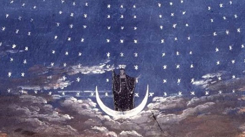 Painting of an opera singer standing on a crescent  moon